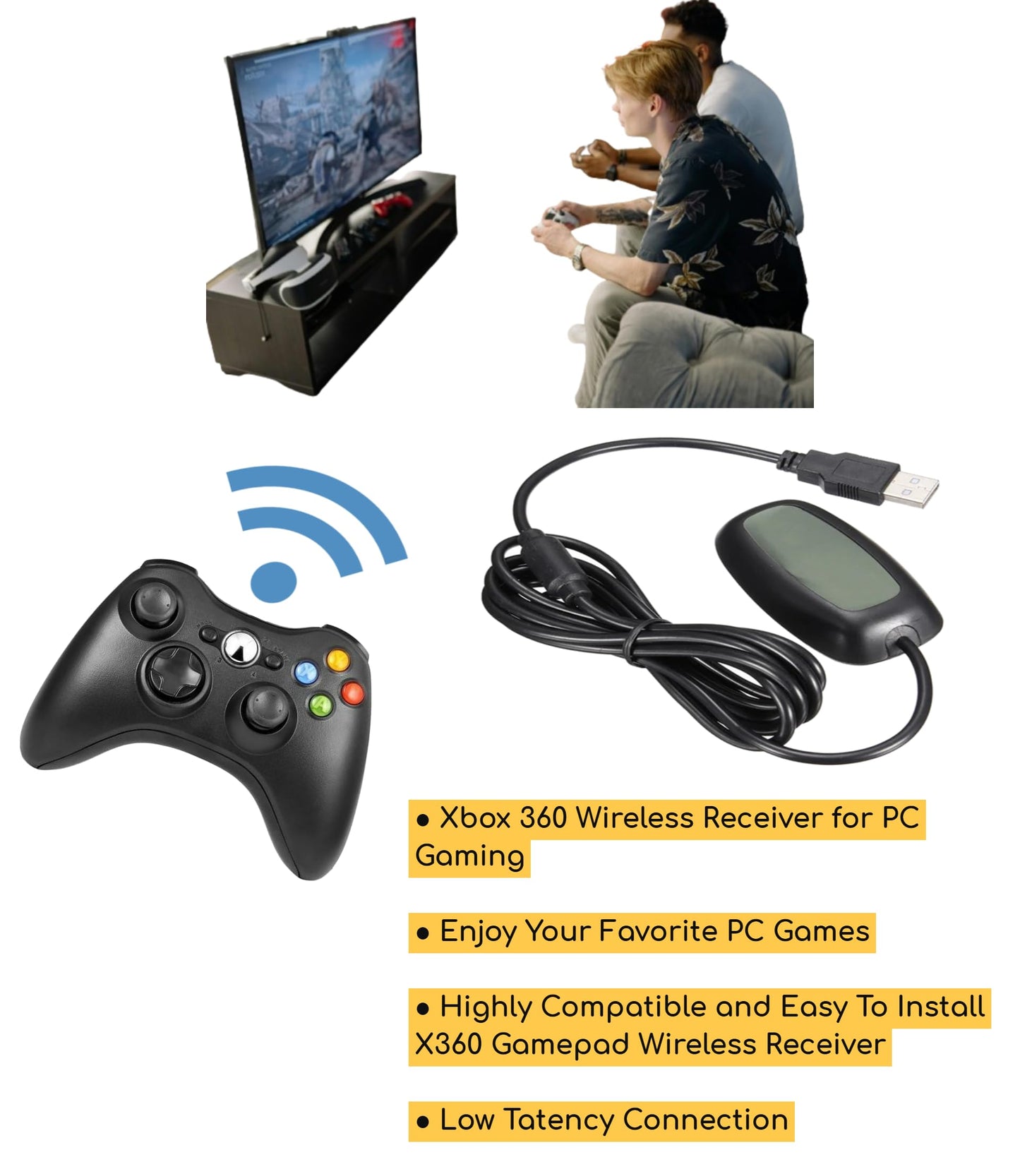 KUJOBUY Wireless USB Gaming Receiver Adapter for Xbox 360 Controllers - Black, Compatible with Windows PC, Laptop Gaming