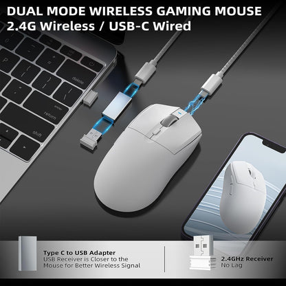 A.JAZZ AJ139 G Pro Wireless Gaming Mouse - Ultra-lightweight 59g, 26000DPI, Dual Mode, Ergonomic, Symmetric, White
