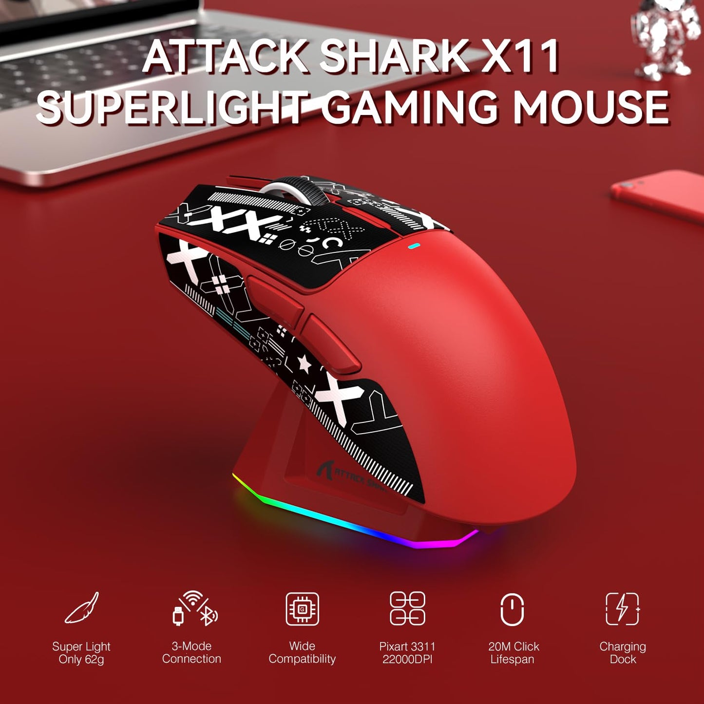 ATTACK SHARK X11 Lightweight Wireless Gaming Mouse - RGB, 22K DPI, Tri-Mode (2.4G/USB-C/BT), Red with Anti-slip Sticker