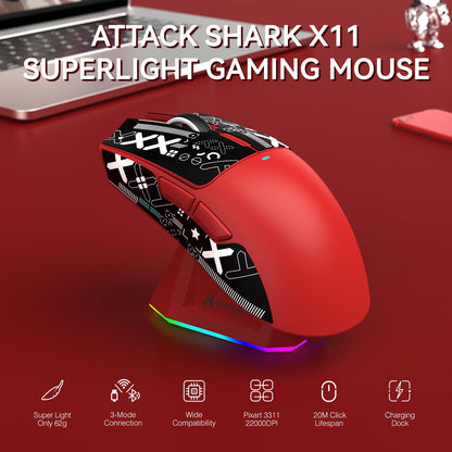 ATTACK SHARK X11 Lightweight Wireless Gaming Mouse - RGB, 22K DPI, Tri-Mode (2.4G/USB-C/BT), Red with Anti-slip Sticker