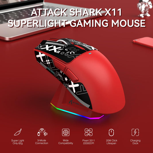 ATTACK SHARK X11 Lightweight Wireless Gaming Mouse - RGB, 22K DPI, Tri-Mode (2.4G/USB-C/BT), Red with Anti-slip Sticker
