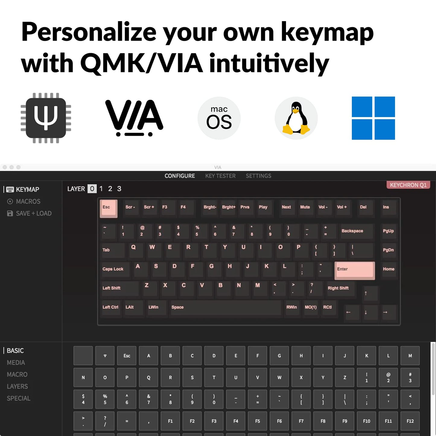 Keychron Q1 Mechanical Keyboard, 75% Layout, RGB, Gateron G Pro Red Switch, Blue, QMK/VIA Programmable, Hot-swappable
