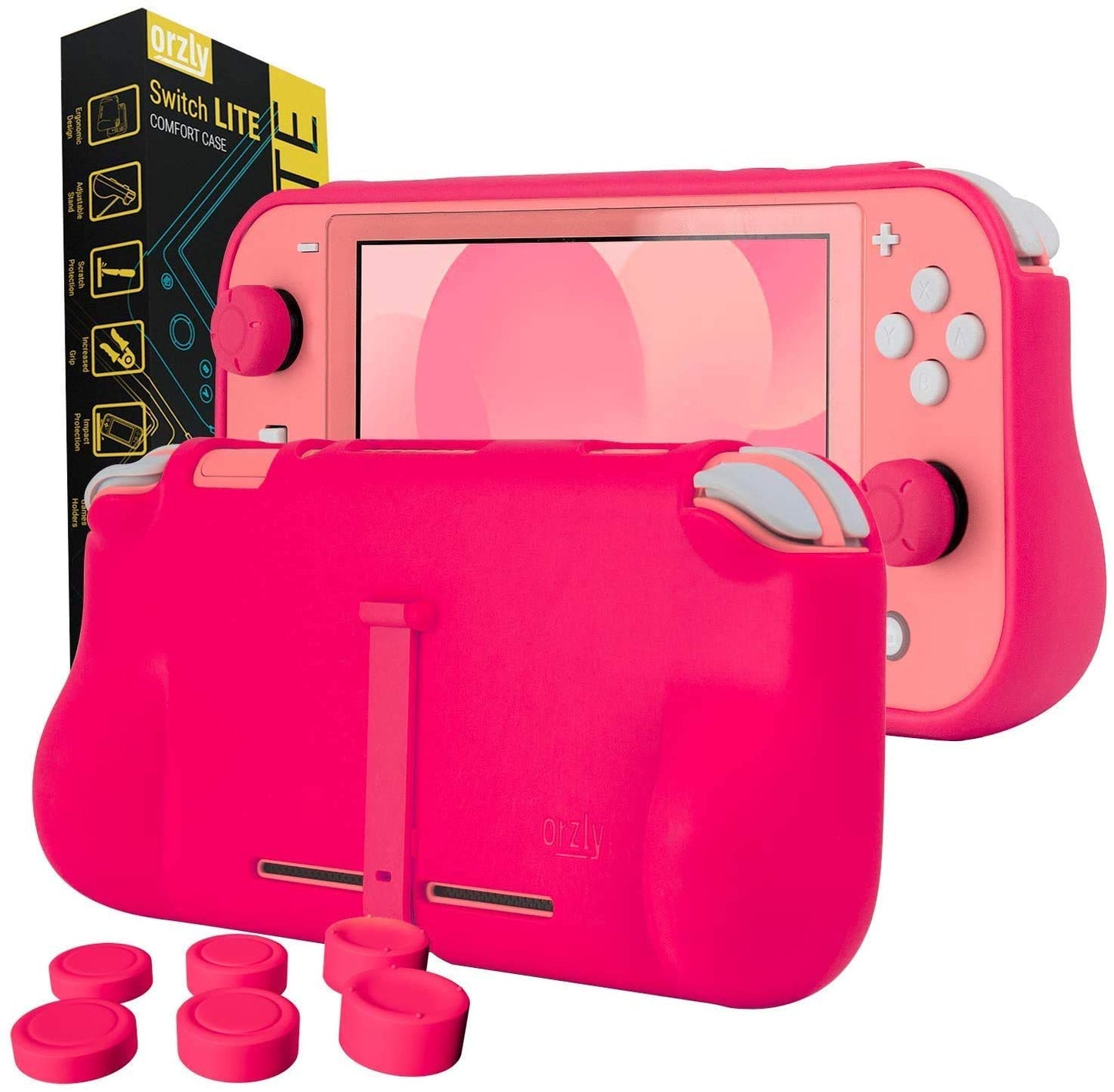 Orzly Grip Case Compatible for use with Nintendo Switch Lite - Case with Comfort Padded Hand Grips  Kickstand  & Pack of Thumb Grips - Pink