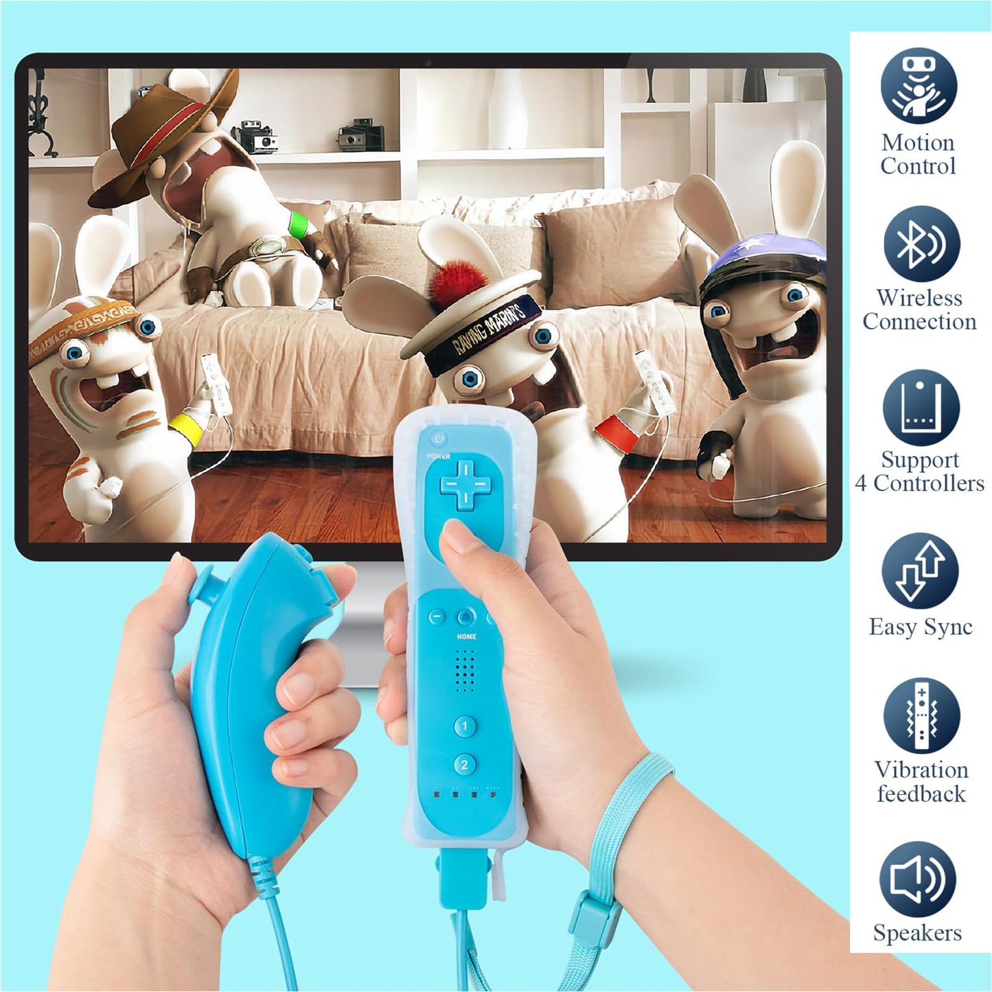 YOVONAZE Wii Remote Controller with Nunchuck, Silicone Case, Wrist Strap, 2 AA Batteries - Blue, Model YO-WII-R001