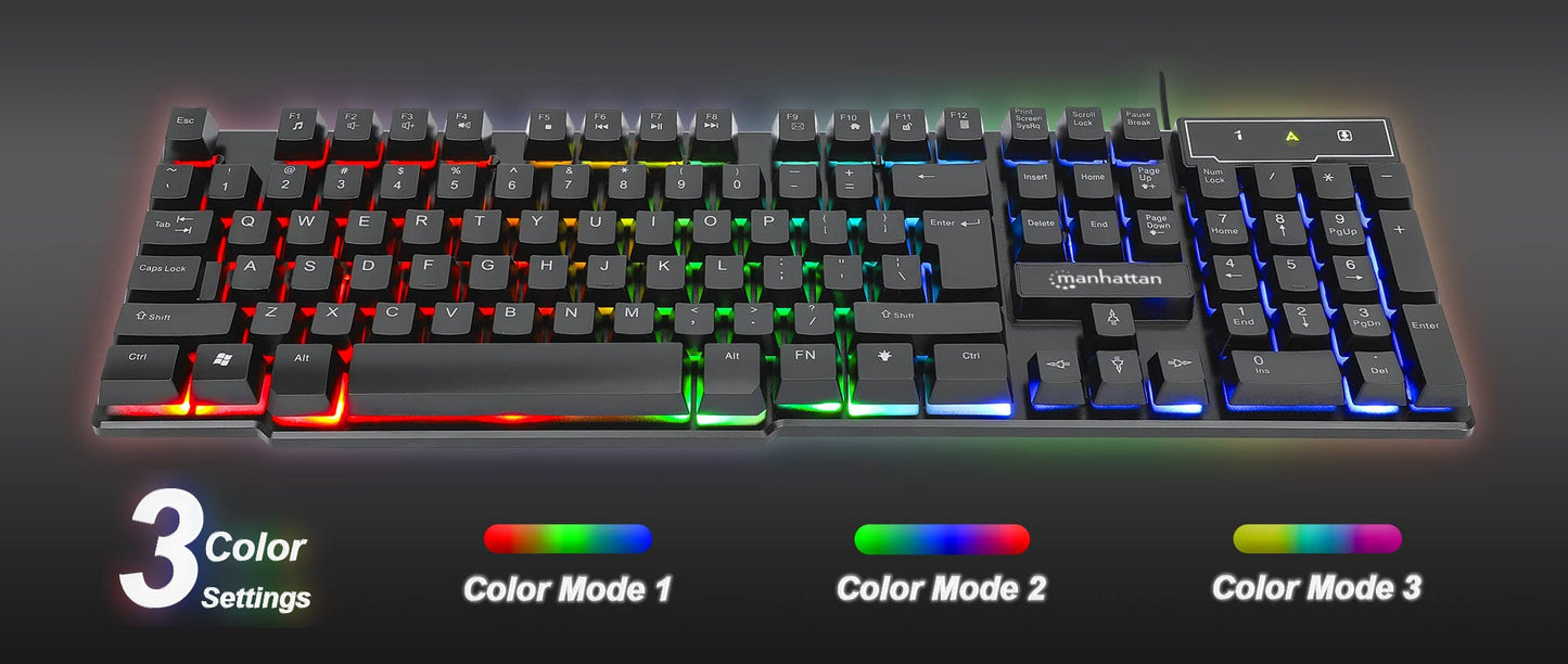 Manhattan Gaming Keyboard - Backlit RGB LED, Quiet Keystrokes, USB-A, Black, 12 Multimedia Keys, 3 Yr Warranty