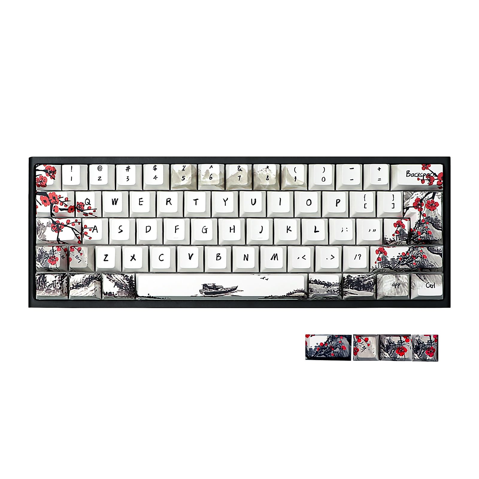 JSJT Custom Keycap Set Keycaps 60 Percent Plum Blossom Key caps PBT Dye-Sublimation Cherry Profile Keycap 80 Keys for 61/64/67/68 Cherry MX Switches Mechanical Keyboards