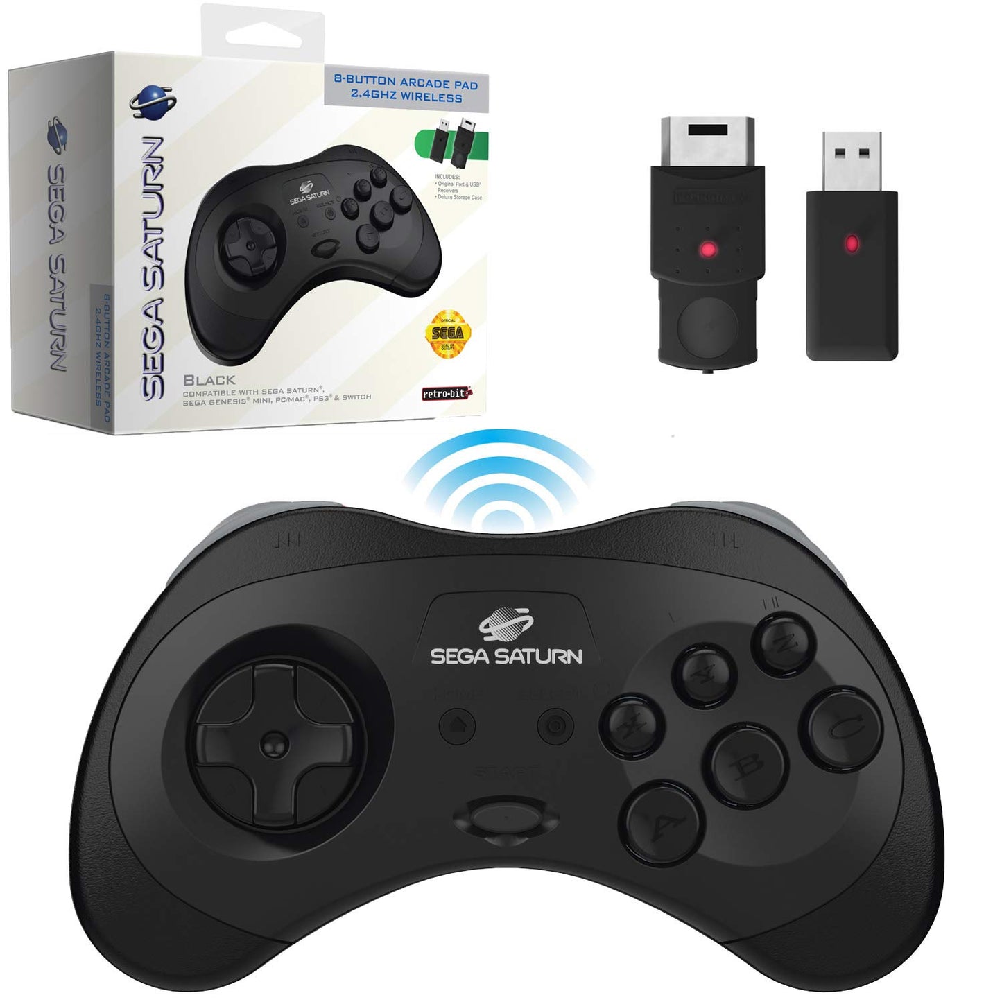 Retro-Bit 2.4 GHz Wireless Controller for Sega Saturn & More - Black, Model RB-SGA-047, Includes 2 Receivers & Storage Case