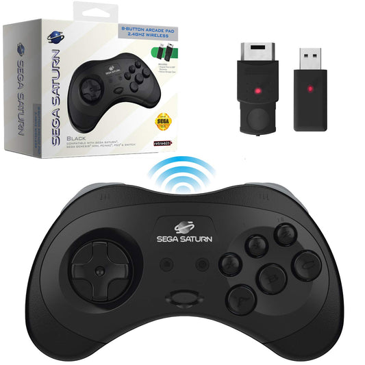 Retro-Bit 2.4 GHz Wireless Controller for Sega Saturn & More - Black, Model RB-SGA-047, Includes 2 Receivers & Storage Case