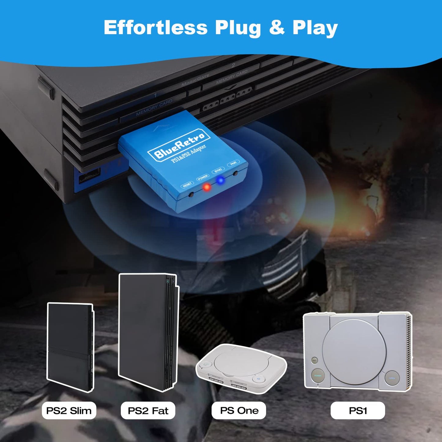 BITFUNX RetroScaler Wireless Controller Adapter for PS2/PS1, Compatible with PS3/PS4/PS5, Xbox One S, Black