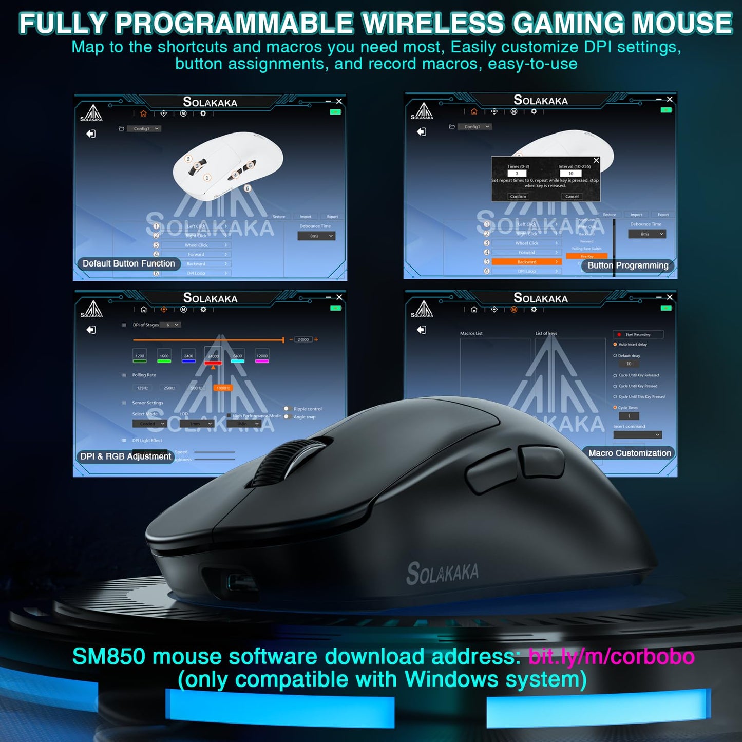 CORBOBO SM850 Wireless Gaming Mouse, 24000 DPI, 55g Lightweight, 6 Programmable Buttons, Ergonomic, Black