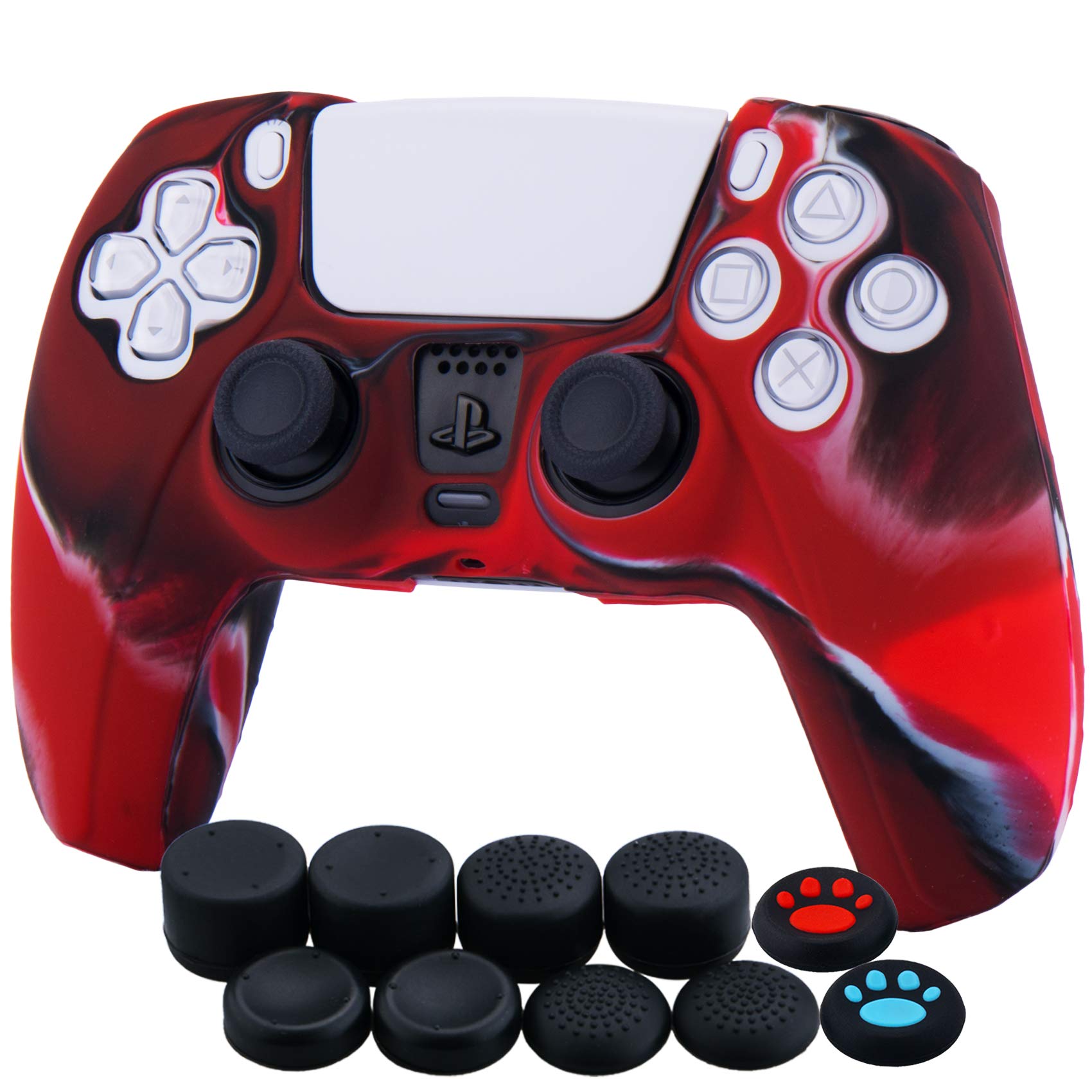 YoRHa Silicone Cover Skin Case for PS5 Controller x 1(Camouflage Red) with Thumb Grips x 10