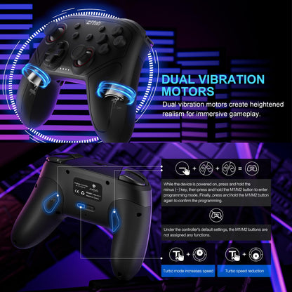 linhugame Wireless Controller for Switch, Hall Effect Joysticks, 6-Axis Gyro, Turbo, 1000mAh Battery, Black, Model A211