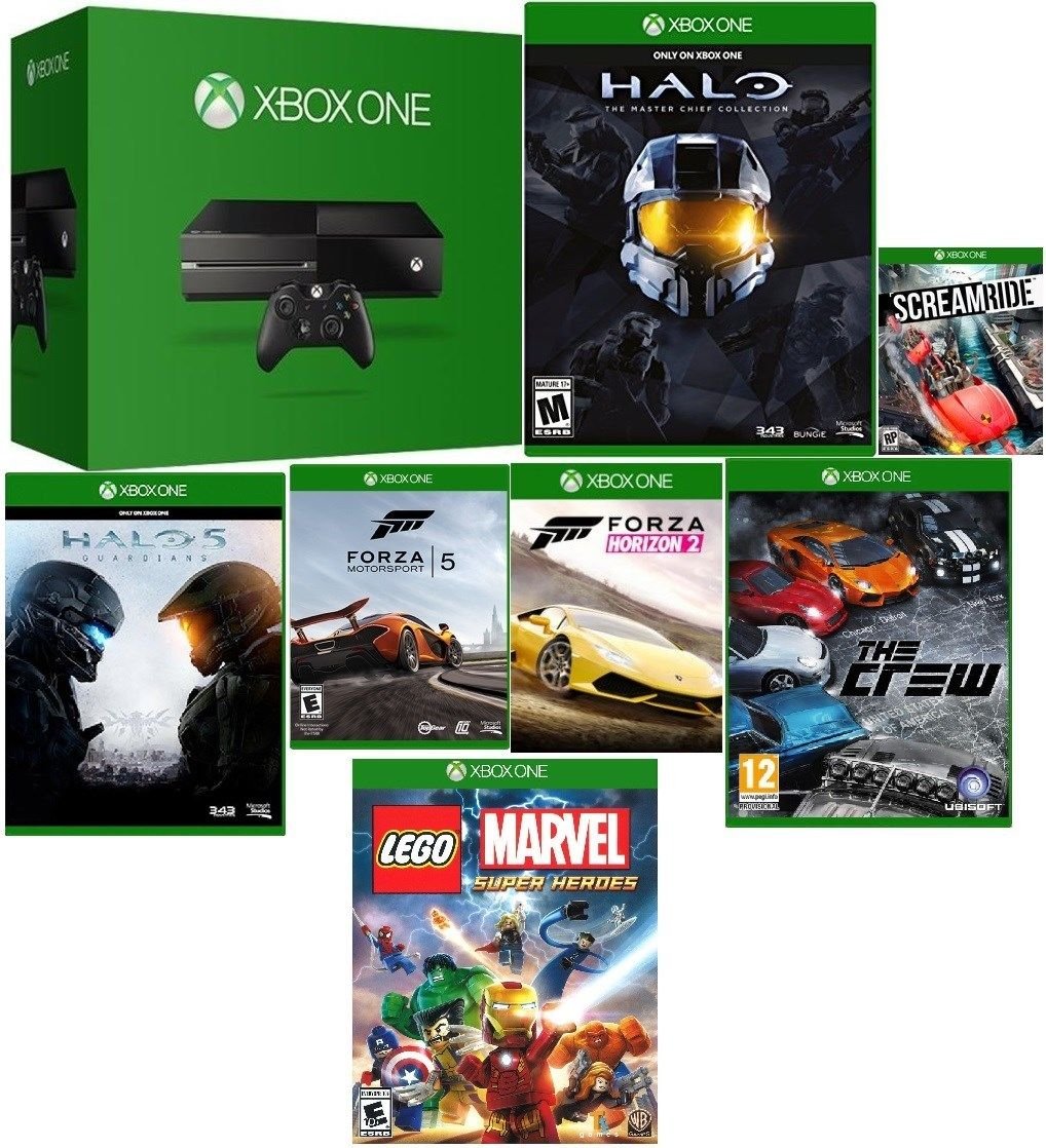 Xbox One 500GB Bundle with Halo Master Collection  Halo 5  Forza 5  Forza Horizon 2  Scream Ride  The Crew & Lego Marvel Heroes (Renewed)