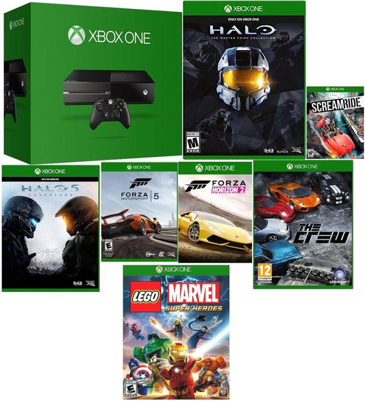 Xbox One 500GB Bundle with Halo Master Collection  Halo 5  Forza 5  Forza Horizon 2  Scream Ride  The Crew & Lego Marvel Heroes (Renewed)