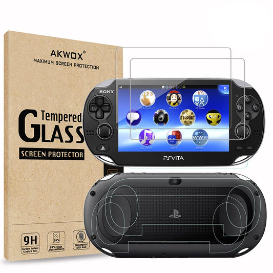 (4-Pack) 2 Front+2 Back Covers Screen Protectors for Sony PlayStation Vita 1000  Akwox 9H Tempered Glass Front Screen Protector and HD Clear PET Back Screen Protective Film for PS Vita PSV 1000