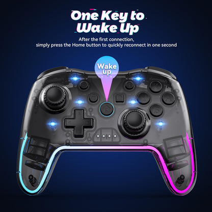 Twylyte Wireless Controller for Switch/Lite/OLED & PC - RGB Backlight, Turbo & Vibration, Transparent Black