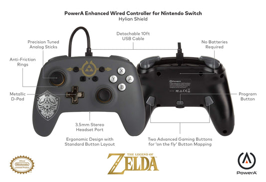 PowerA Enhanced Wired Controller for Nintendo Switch - Hylian Shield, Model 1518384-01, Ergonomic Design, Durable Build