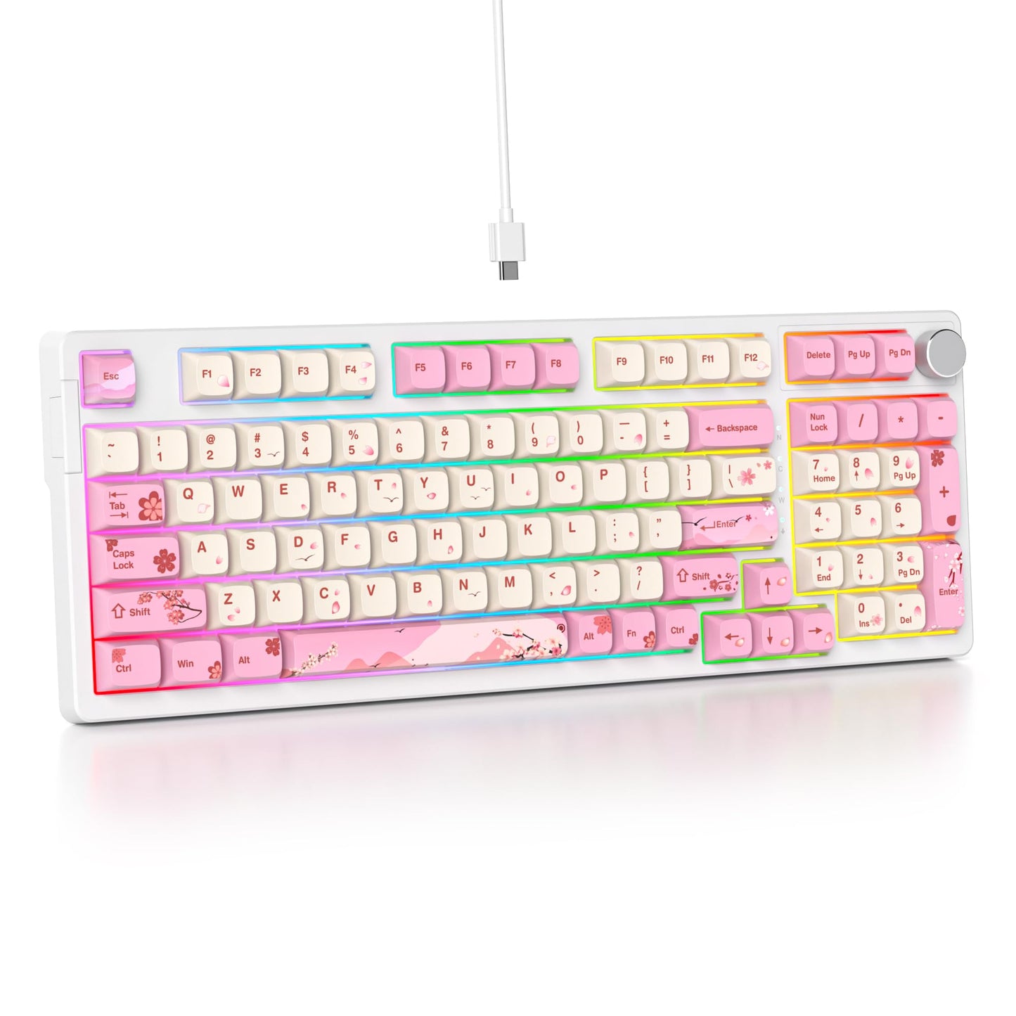surmen Pink Creamy Keyboard with with Number Pad  96% RGB Mechanical Keyboard Full Gasket Mounted Hot Swappable Custom Wired Thocky Keyboard with Knob for Office Gamer (98 Ying)