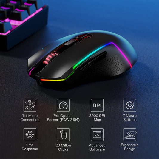 Redragon M693 Wireless Gaming Mouse - 8000 DPI, 3-Mode Connection, 7 Macro Buttons, Black, Standard Size for PC/Mac/Laptop