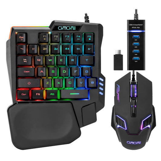 CHONCHOW One Handed Half Keyboard Mouse USB Type-C Adapter Gaming Combo with RGB LED 7200DPI for LOL/Wow/Fortnite - T10b Color