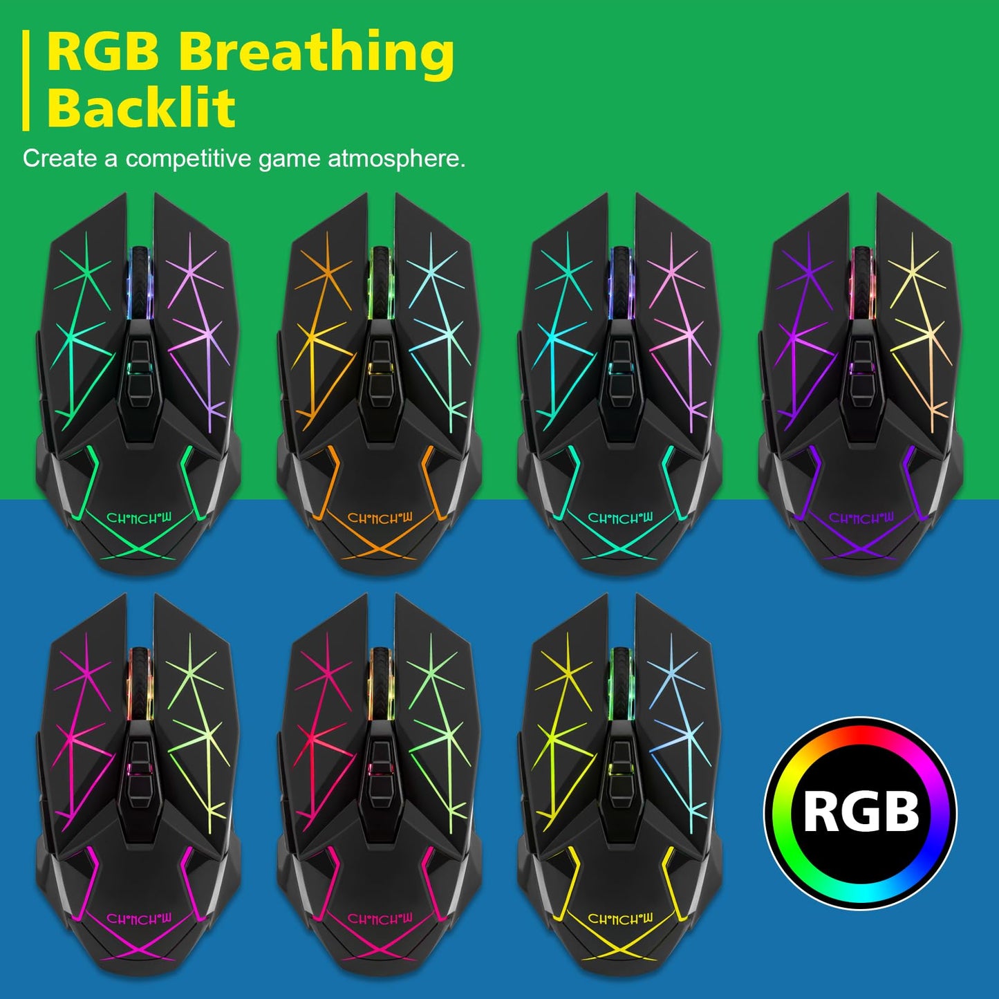 CHONCHOW Wireless Gaming Mouse, 3200 DPI, 7 Buttons, USB C, Colorful LED, Black, Model WG10