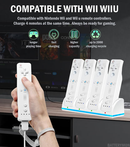 BatteryMon Wii Remote Controller Battery Charger Set, 4-Pack Rechargeable Batteries + Charging Dock with USB Cord, No Controller Included