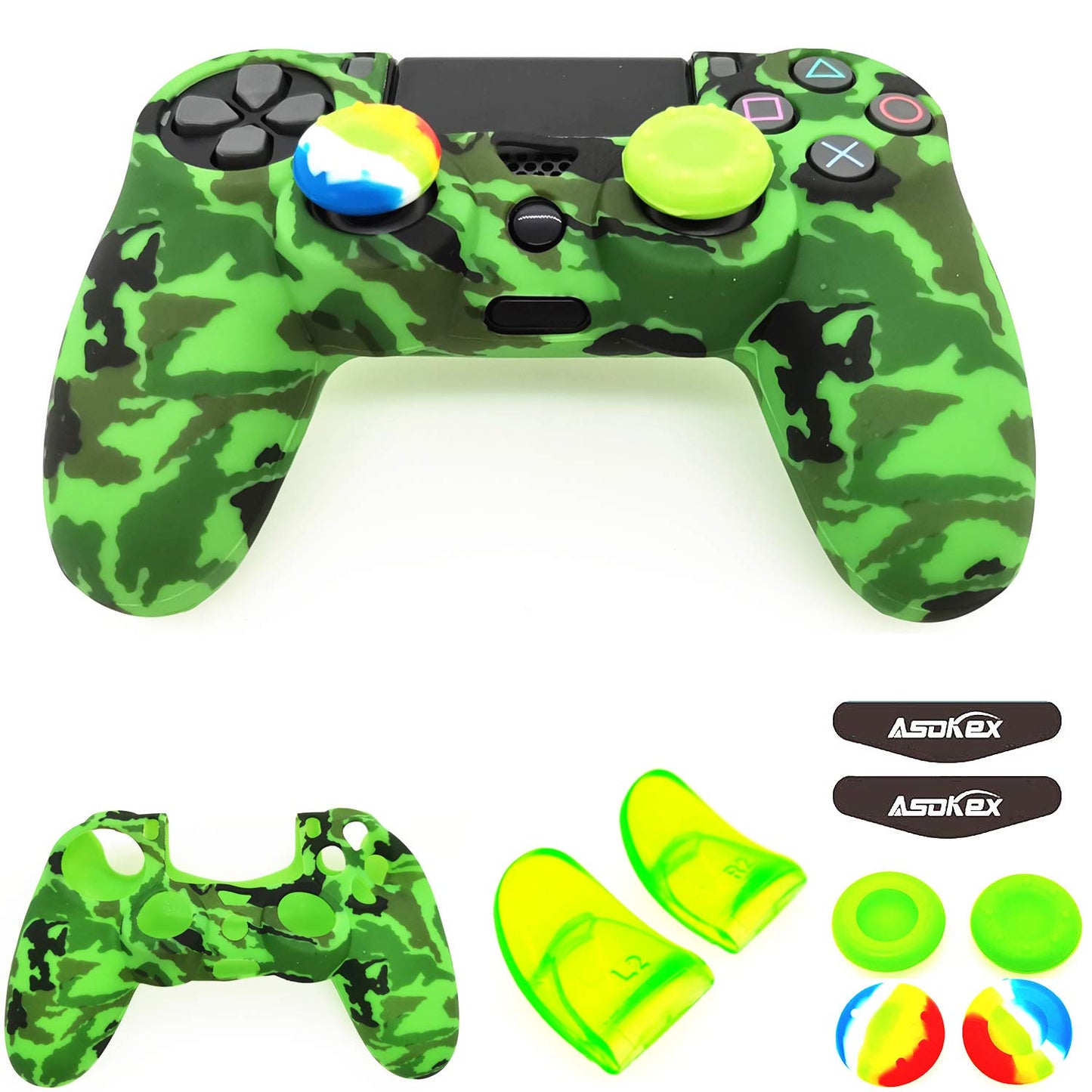Silicone Skin Cover for Ps4 Controller (1pc Anti-Slip Case  1 Pair L2 R2 Trigger Extender  4pcs Thumb Grips 4pcs LED Light Bar Decal) Protector for DualShock PS4/ Slim/Pro Controller (Green camouflag)