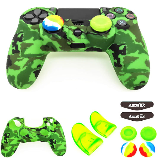 Silicone Skin Cover for Ps4 Controller (1pc Anti-Slip Case  1 Pair L2 R2 Trigger Extender  4pcs Thumb Grips 4pcs LED Light Bar Decal) Protector for DualShock PS4/ Slim/Pro Controller (Green camouflag)