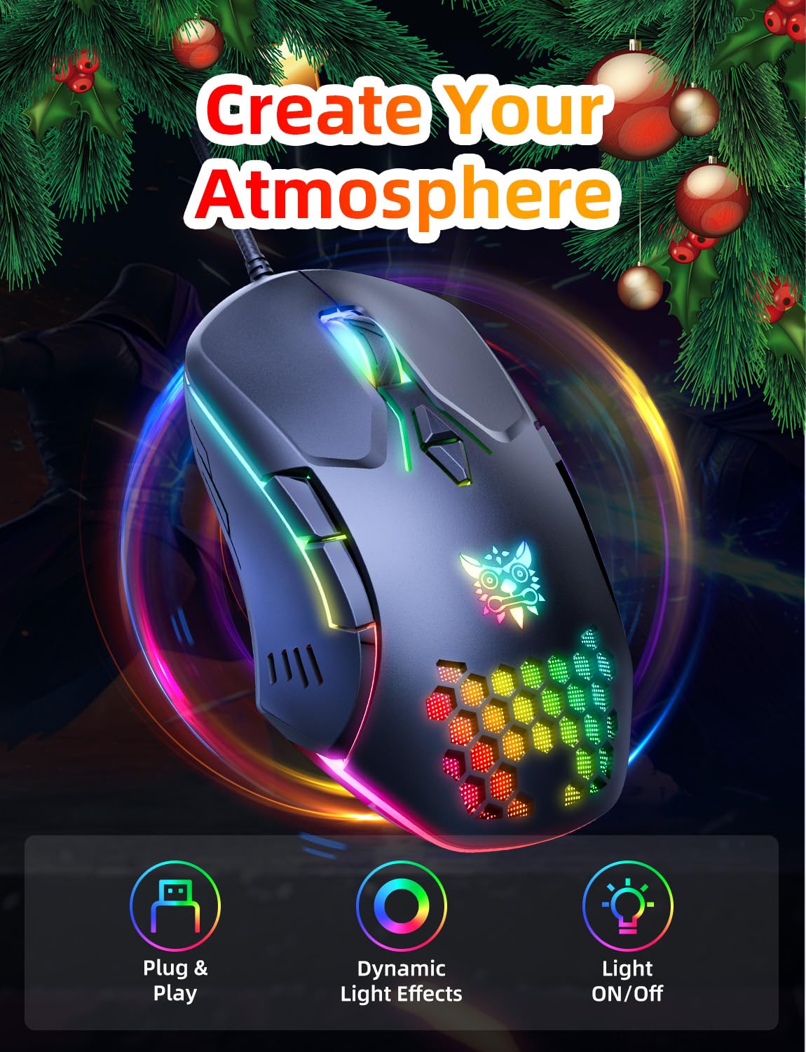 ONIKUMA Wired Gaming Mouse - High Precision RGB, Adjustable DPI, 7 Programmable Buttons, Ergonomic Design, Black, Model CW902