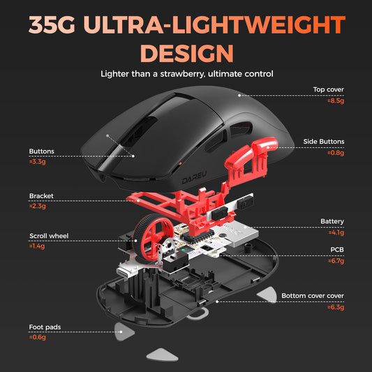 DAREU A950 Wireless Gaming Mouse - 8K Polling Rate, 30K Optical Sensor, 5 Programmable Buttons, Lightweight 1.23oz, Black