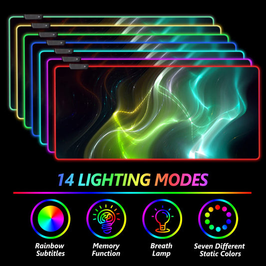 AIMSA Large RGB Gaming Mouse Pad - 35.4x15.8 inch, Non-Slip Rubber Base, Cool Aurora, 14 Lighting Modes, Waterproof Desk Mat