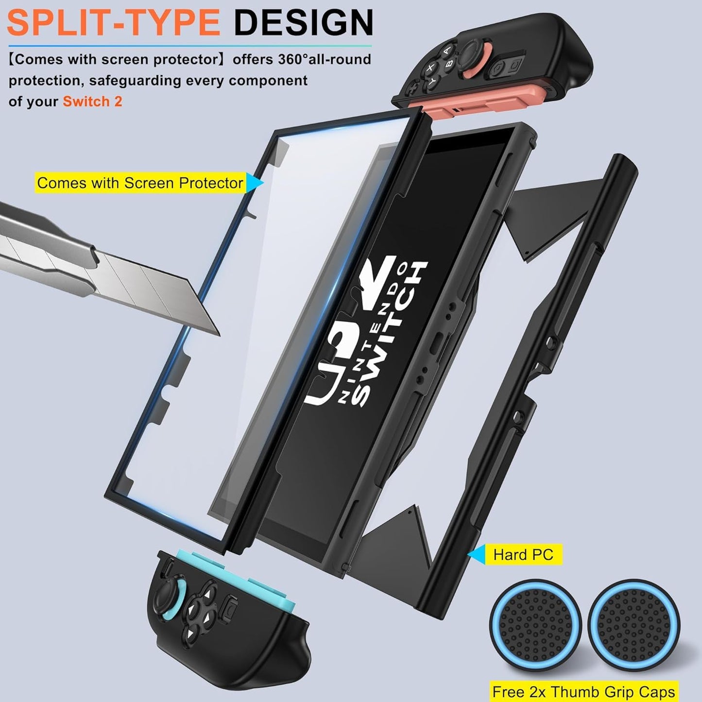 Kailfee Nintendo Switch 2 Case - Shockproof Cover with Built-in Screen & Touch Friendly - Black for Switch 2