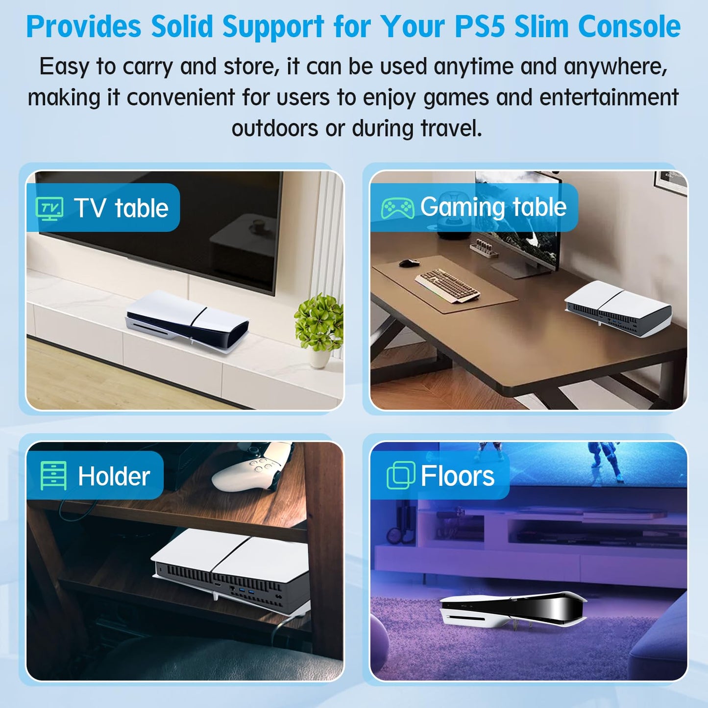 YWLRONG PS5 Slim Stand Bracket Holder - 4Pcs Flat Base, Compatible with PlayStation 5 Slim Disc Edition, Black+Grey