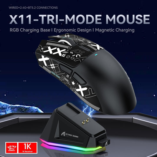ATTACK SHARK X11 Ultra-Light Gaming Mouse, 22K DPI, 5 Programmable Buttons, Magnetic Charging Stand, Black&Sticker