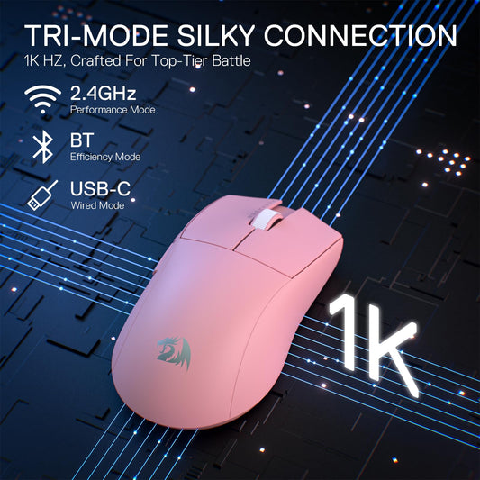 Redragon M916 PRO Wireless Gaming Mouse - 26K DPI, Ultra-Light, Ergonomic Design, Programmable Buttons, Pink