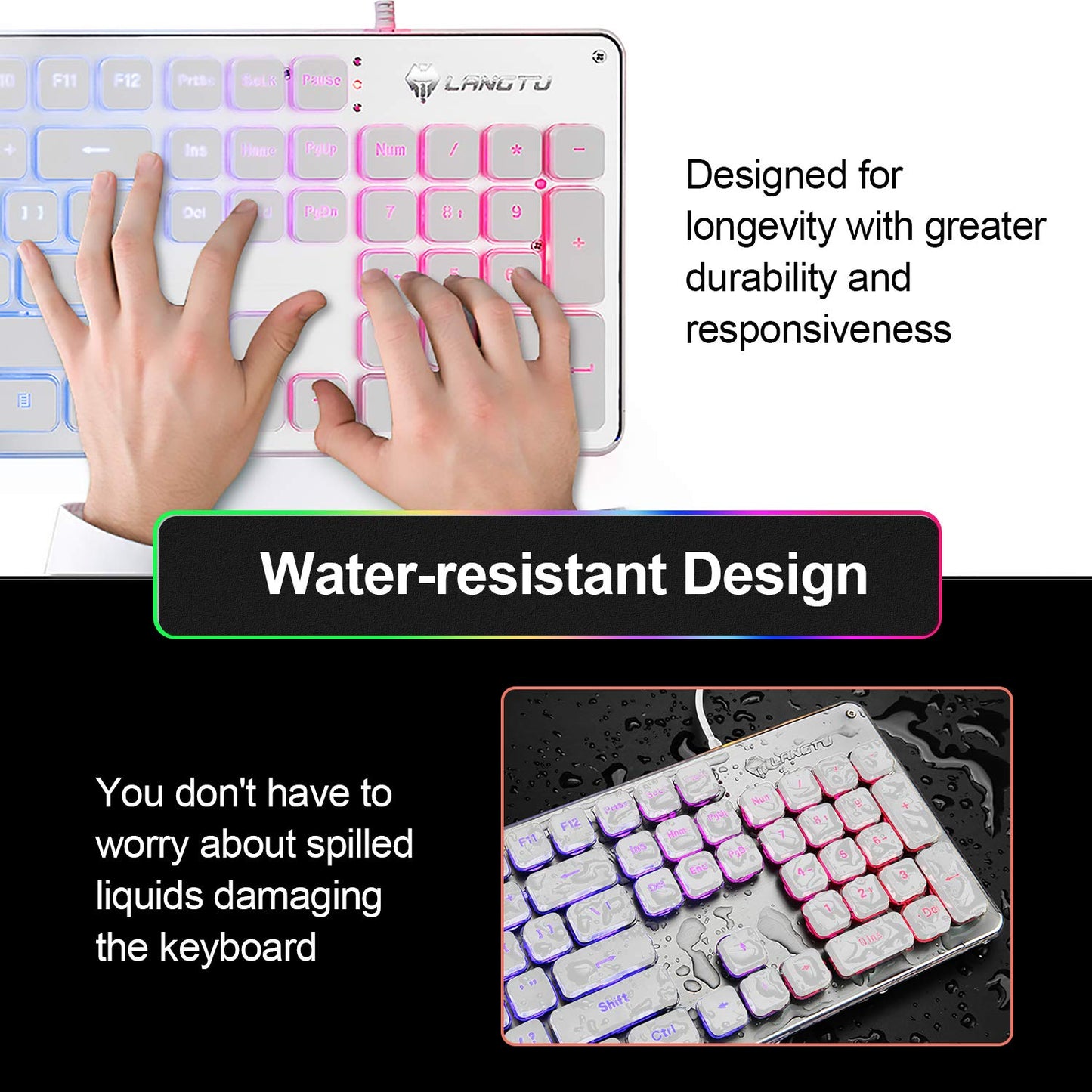 LANGTU L1 UK Membrane Gaming Keyboard, Rainbow LED Backlit, 104 Keys, Anti-Ghosting, USB Wired, White/Silver, 17.7x5x1.2 in