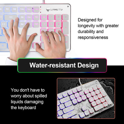 LANGTU L1 UK Membrane Gaming Keyboard, Rainbow LED Backlit, 104 Keys, Anti-Ghosting, USB Wired, White/Silver, 17.7x5x1.2 in