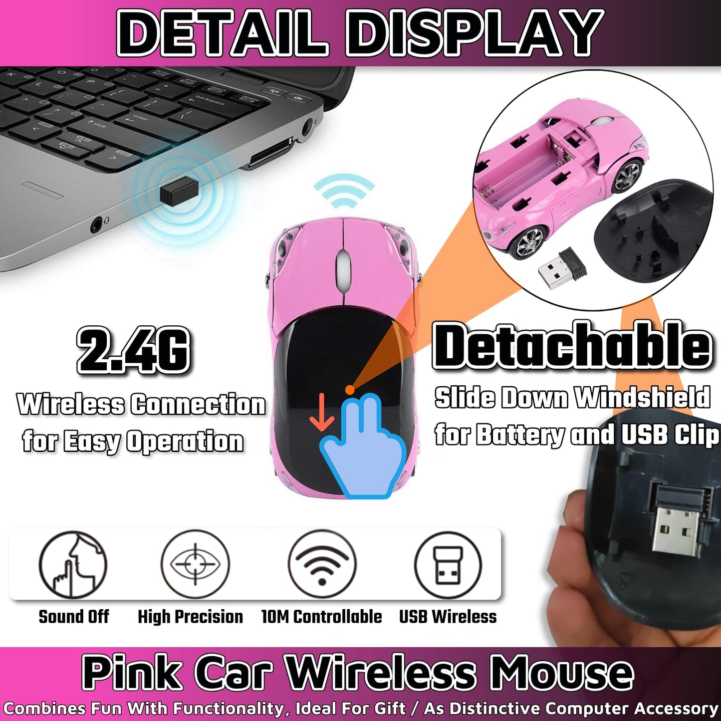 HuGuWdy Pink Wireless Car Mouse - 2.4G USB Receiver, Optical Mouse for PC/Laptop/Tablet, Compatible with Win & Mac, Stylish Pink Design