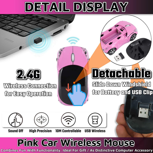 HuGuWdy Pink Wireless Car Mouse - 2.4G USB Receiver, Optical Mouse for PC/Laptop/Tablet, Compatible with Win & Mac, Stylish Pink Design