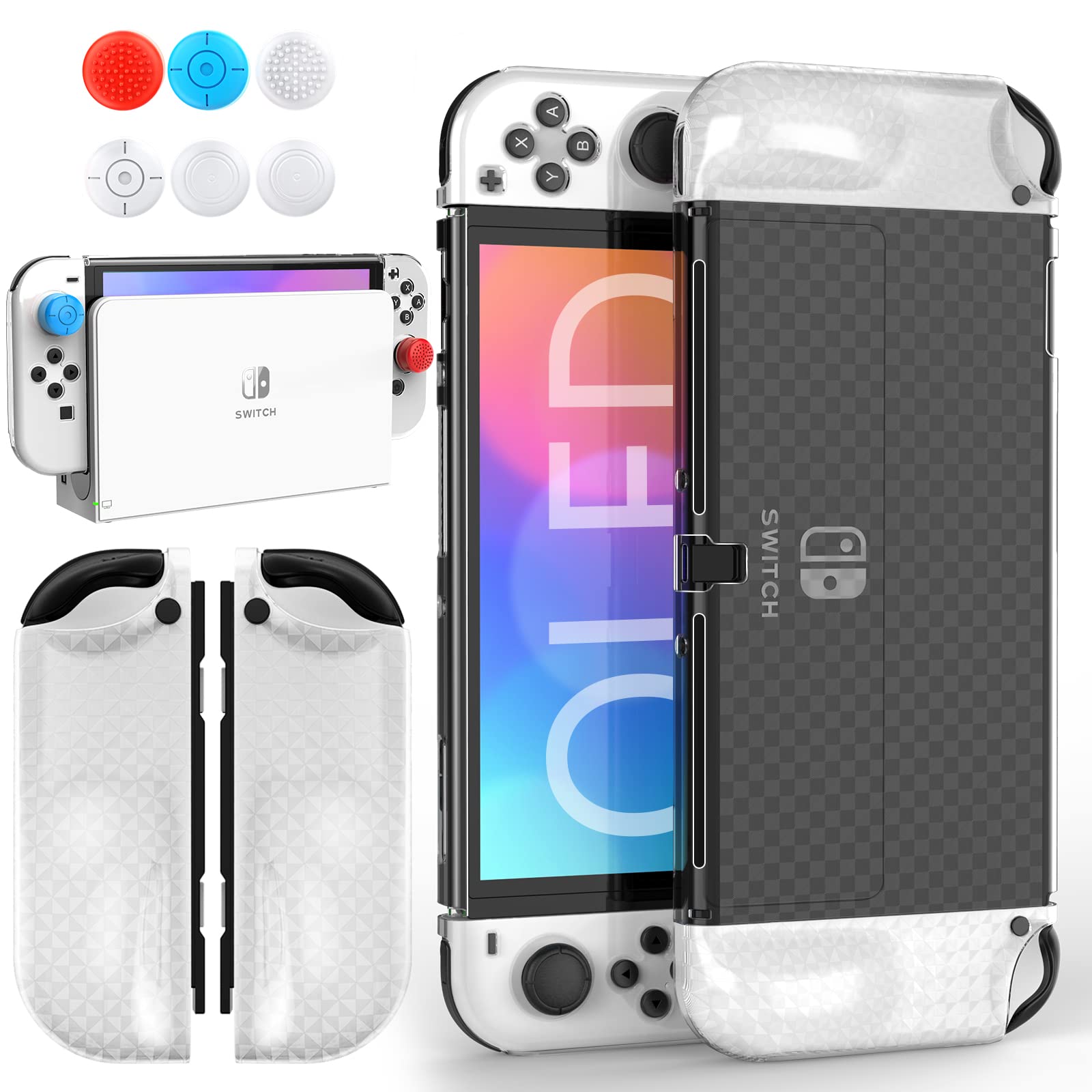 Mooroer Nintendo Switch OLED Case - Dockable Protective Cover with Soft TPU Grip & 6 Thumb Stick Caps, Model NX-oled-pc cover
