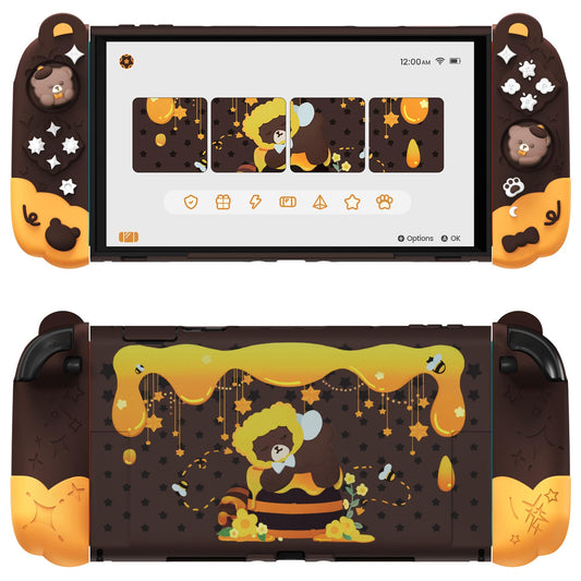 PlayVital Good Night Bear Dockable Case for Nintendo Switch 2 with Stand | Split Design Silicone Joycon Grips  PC Console Hard Shell  2 Joystick Caps | Cute Protective Cover Bundle - Brown