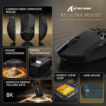 ATTACK SHARK R5 Ultra Wireless Gaming Mouse - 39g Superlight, 8K Polling, 42K DPI, Carbon Fiber, Black & Griptape