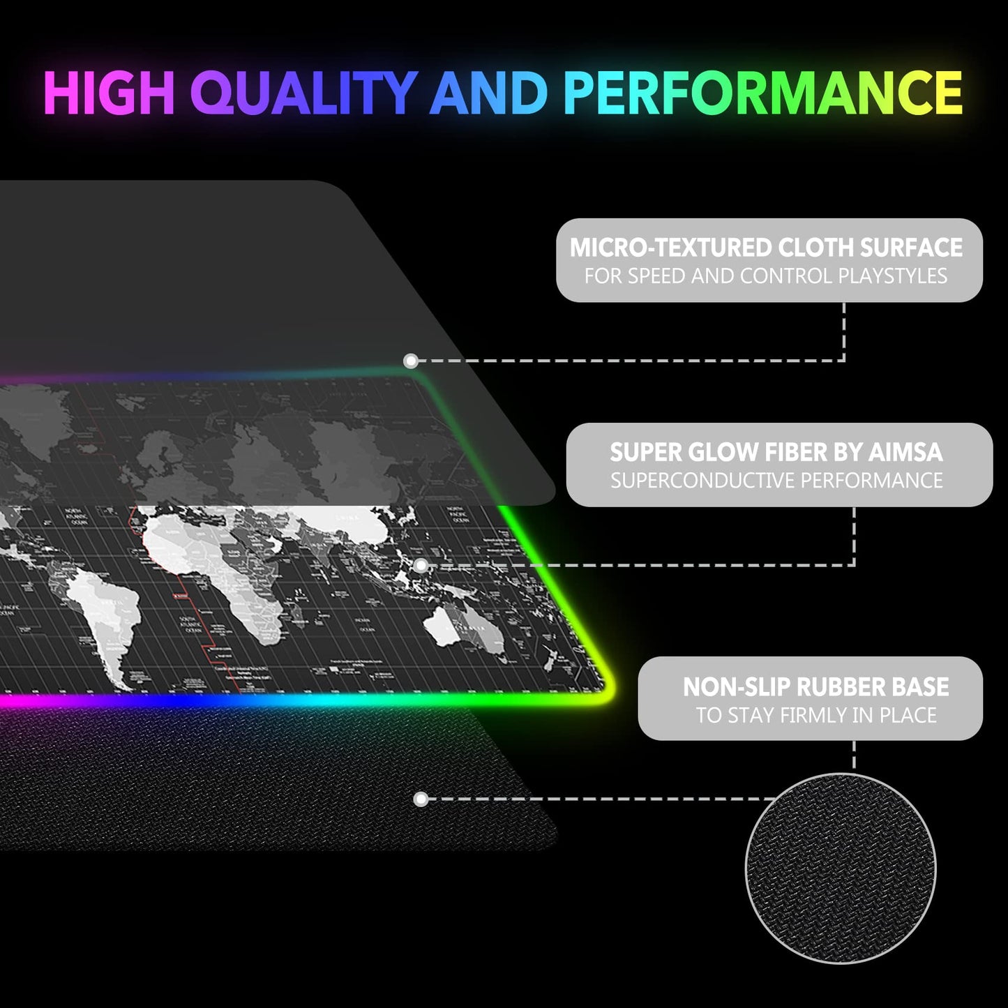 AIMSA RGB Gaming Mouse Pad - Large 35.4"x15.8", Non-Slip Rubber Base, 14 Lighting Modes, Waterproof, Black World Map Design