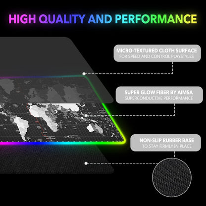 AIMSA RGB Gaming Mouse Pad - Large 35.4"x15.8", Non-Slip Rubber Base, 14 Lighting Modes, Waterproof, Black World Map Design