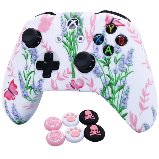 RALAN Xbox One Controller Skin - Pink Silicone Cover with Cat & Skull Caps, Pro Thumb Grips, Blue Butterfly Design