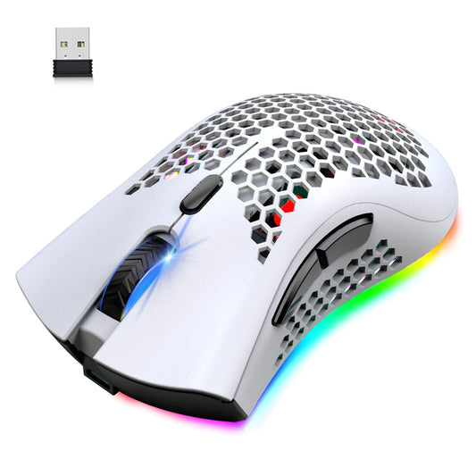 Wireless Lightweight Gaming Mouse Honeycomb with 7 Button Multi RGB Backlit Perforeviewed Ergonomic Shell Optical Sensor Adjustable DPI Rechargeable 800mAh Battery USB Receiver for PC Mac Gamer(White)