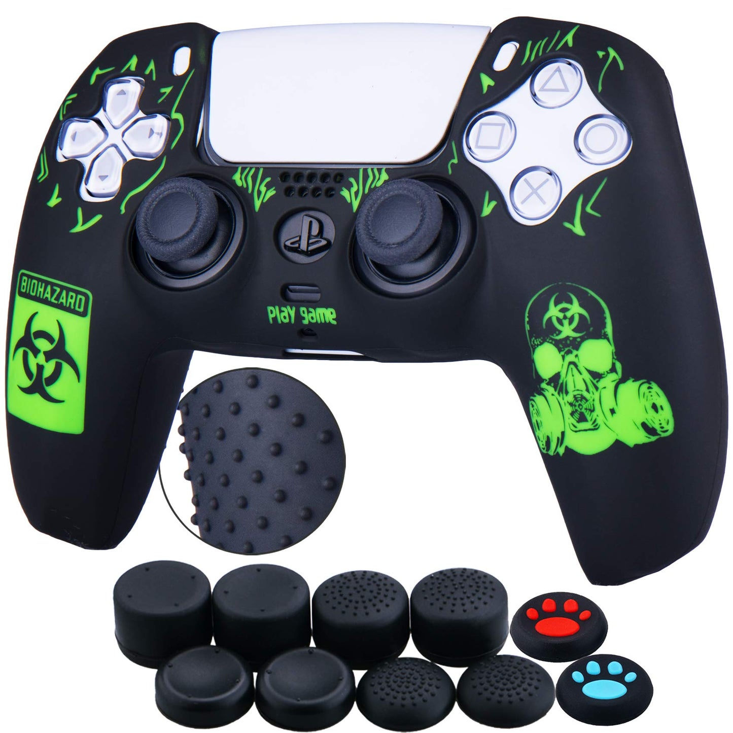 YoRHa Silicone Rubber Back Dots Carving Customizing Skin Cover for PS5 Controller x 1(BH Green) with Pro Thumb Grips x 10