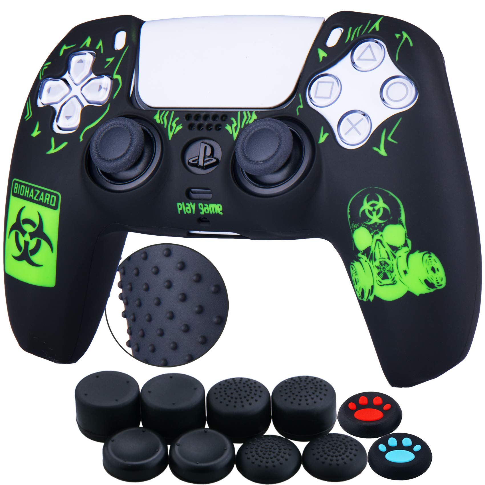 YoRHa Silicone Rubber Back Dots Carving Customizing Skin Cover for PS5 Controller x 1(BH Green) with Pro Thumb Grips x 10