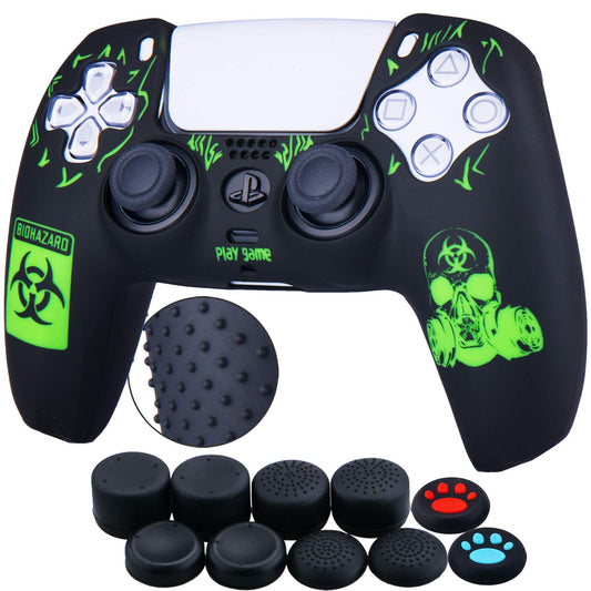 YoRHa Silicone Rubber Back Dots Carving Customizing Skin Cover for PS5 Controller x 1(BH Green) with Pro Thumb Grips x 10