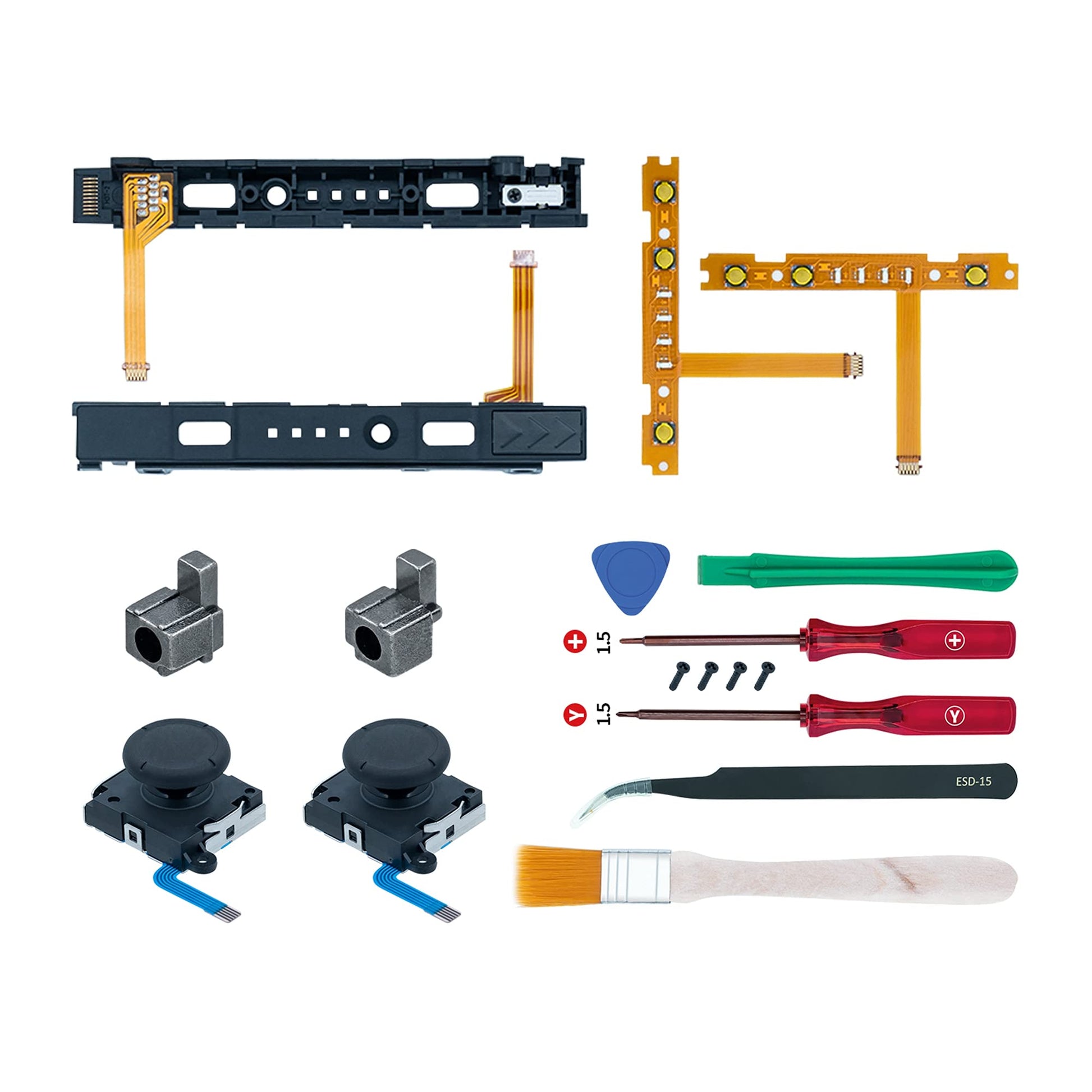 Mcbazel 18 in 1 Replacement Repair Kit for N-Switch Joy-Con with Screwdrivers Opening Tool  3D Left Right Analog Joysticks  Buckle Lock  Charging Port Slider  Button Sync Flex Cable Set (NOT for Switch 2)